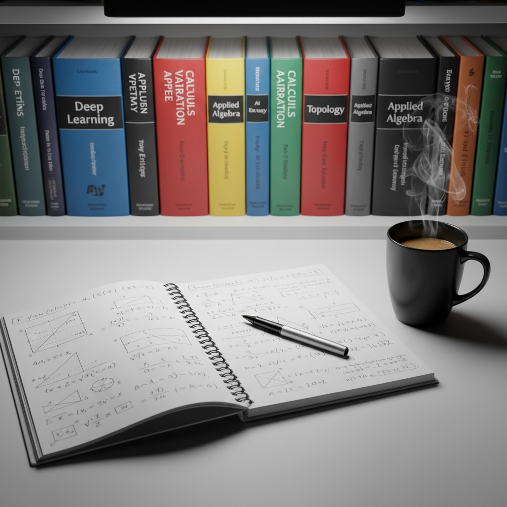 A bookshelf with various books on it, and a notebook filled with mathematical equations in front of it.