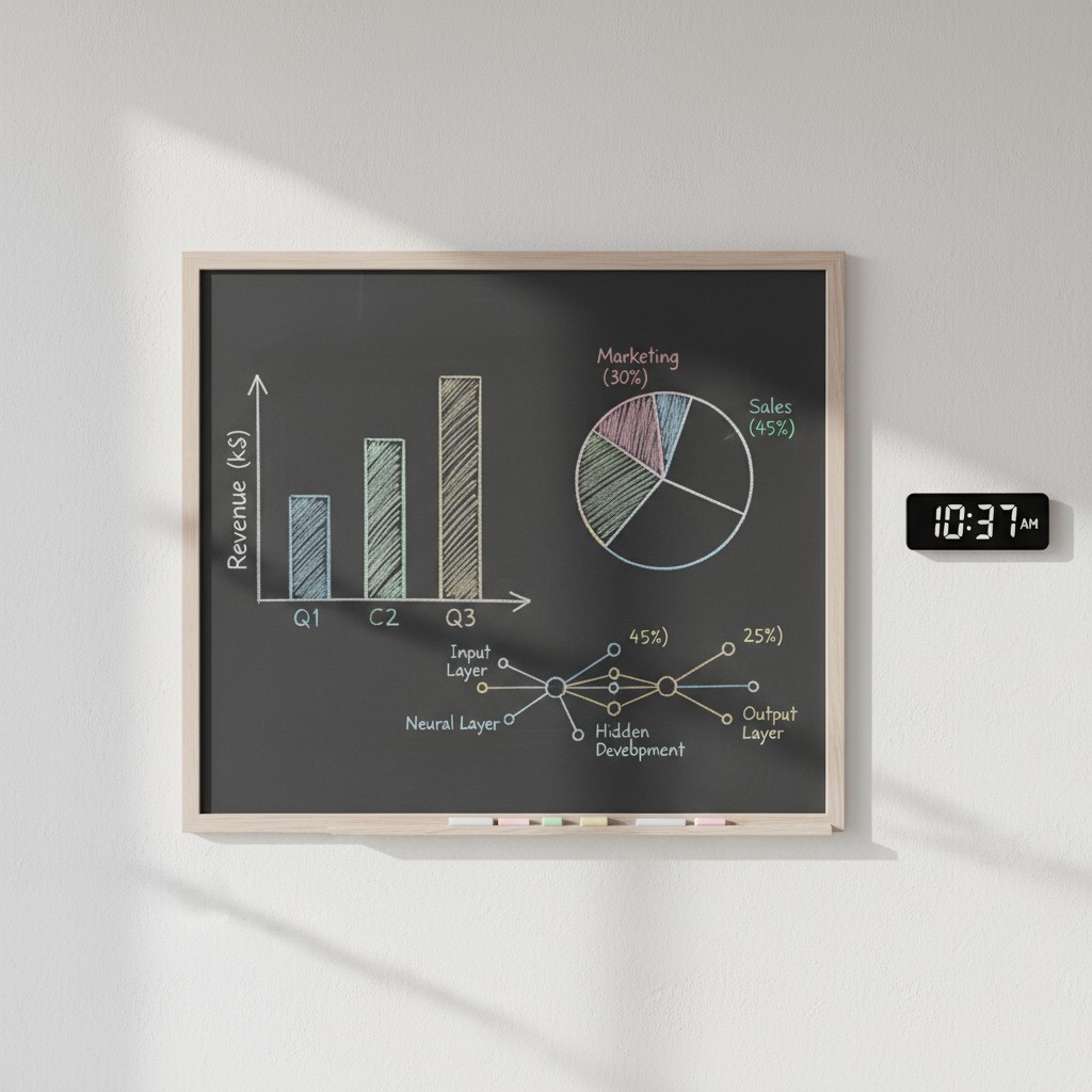 Visual representation of a marketing strategy, including revenue, sales, and product development metrics.